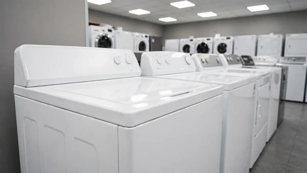 Row of washing machines in a showroom highlighting a durable top load washer