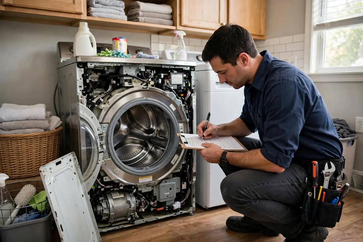 Technician writing a flat rate appliance repair cost quote before starting work