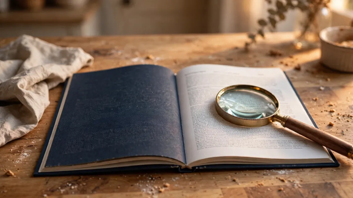 Reading the fine print exclusions page of an appliance warranty booklet with a magnifying glass
