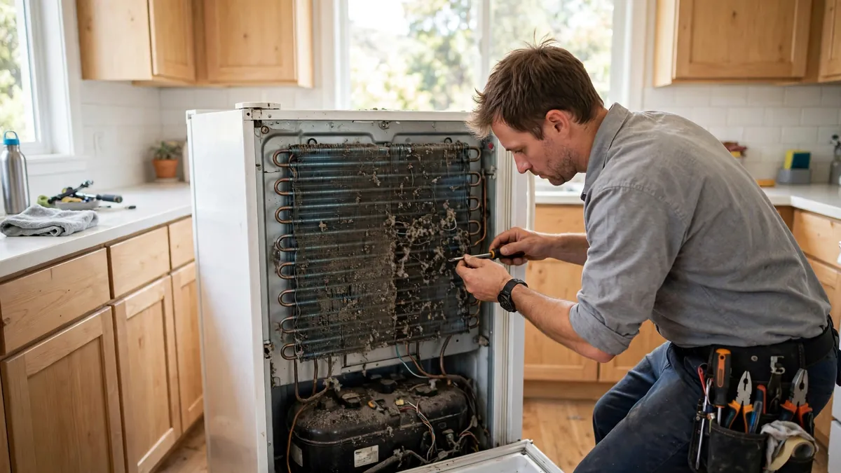 Technician repairing a refrigerator in an Atlanta kitchen during summer, condenser coils exposed