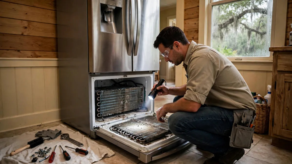 Technician checking refrigerator condenser coils in a humid Baton Rouge home