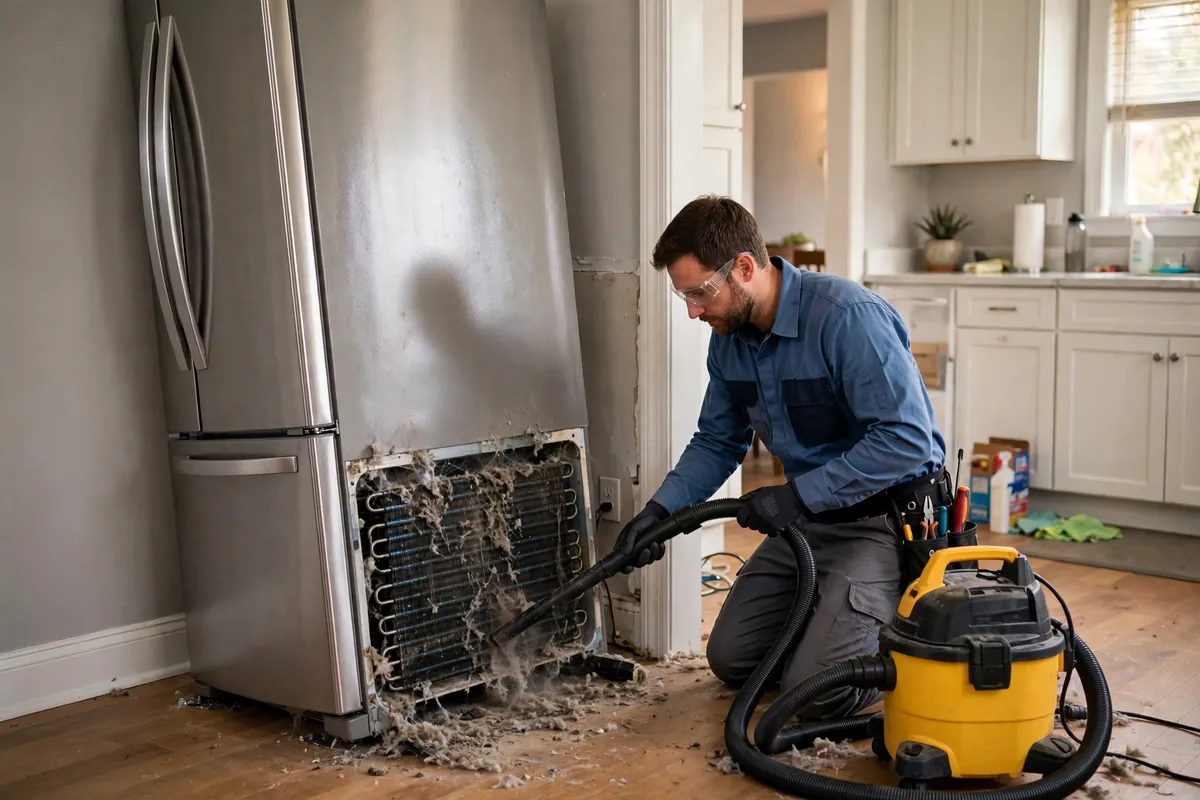 Technician vacuuming dust from refrigerator condenser coils in a Boise home, a common high-desert maintenance issue