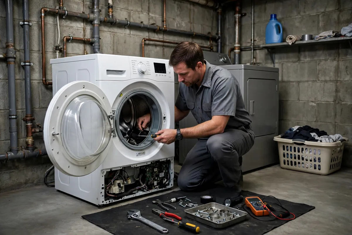 Technician servicing a washing machine in a humid Cincinnati basement laundry room
