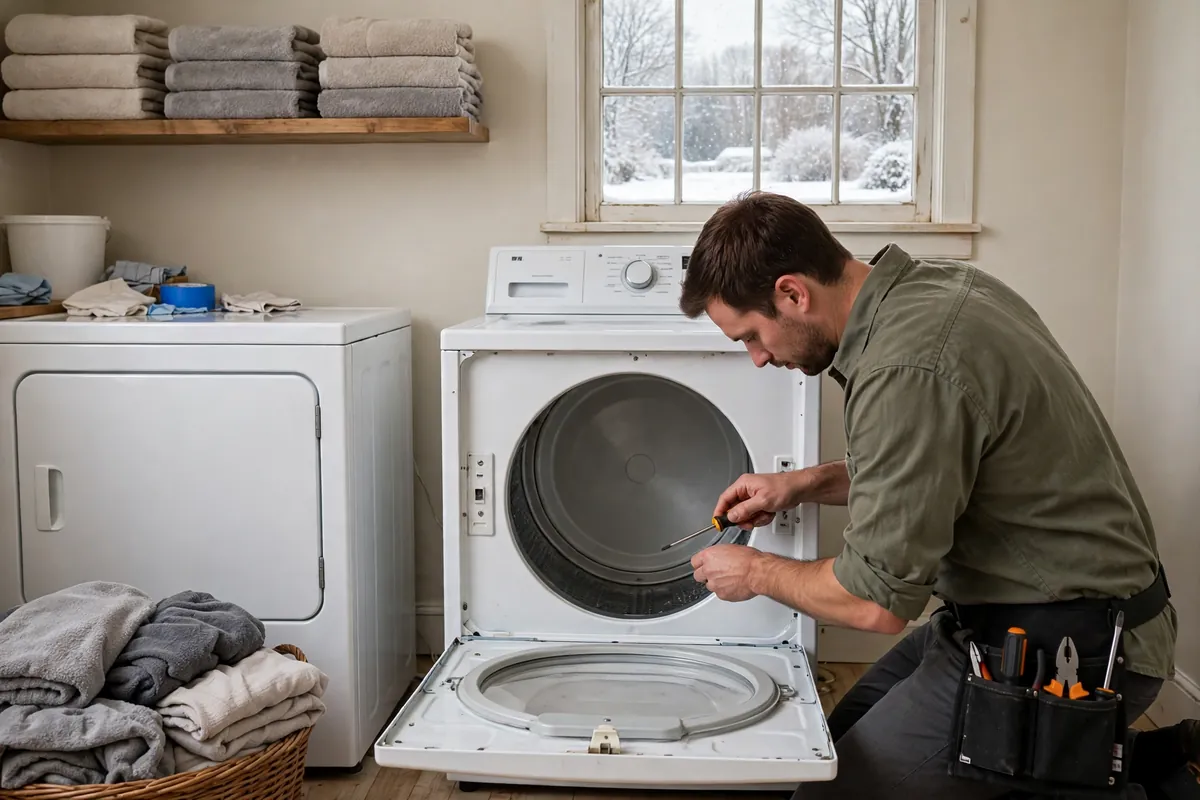 Technician repairing a dryer in a Cleveland home during lake-effect snow season