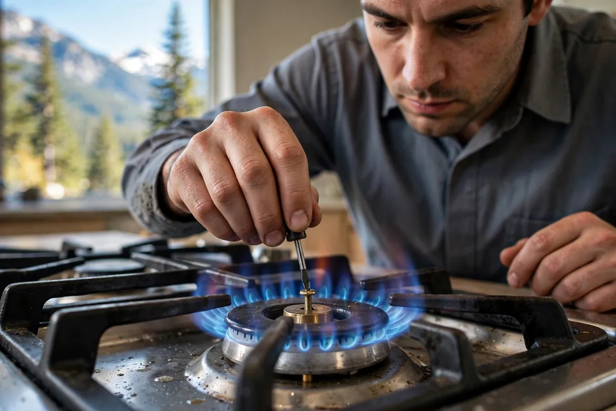 Technician adjusting a gas range burner for high-altitude use in a Colorado Springs home