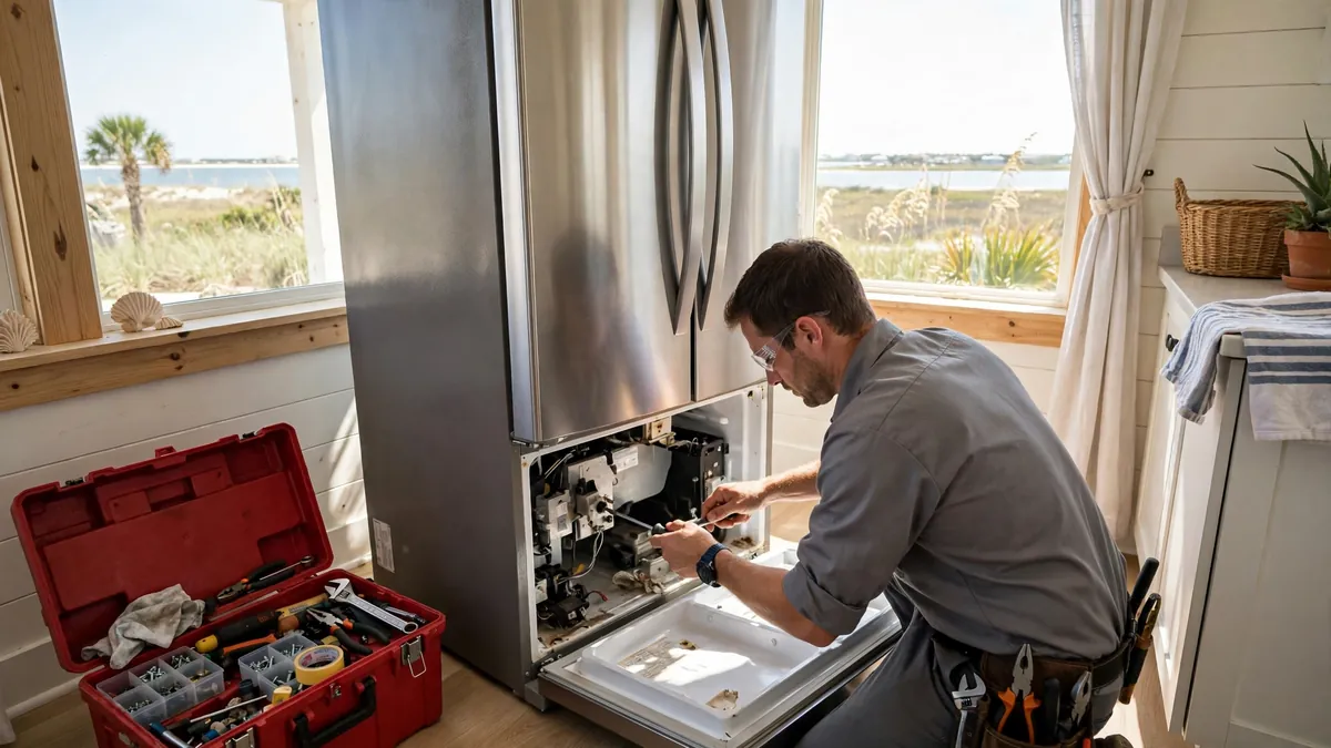 Technician repairing a refrigerator in a Corpus Christi bayfront home with toolbox open