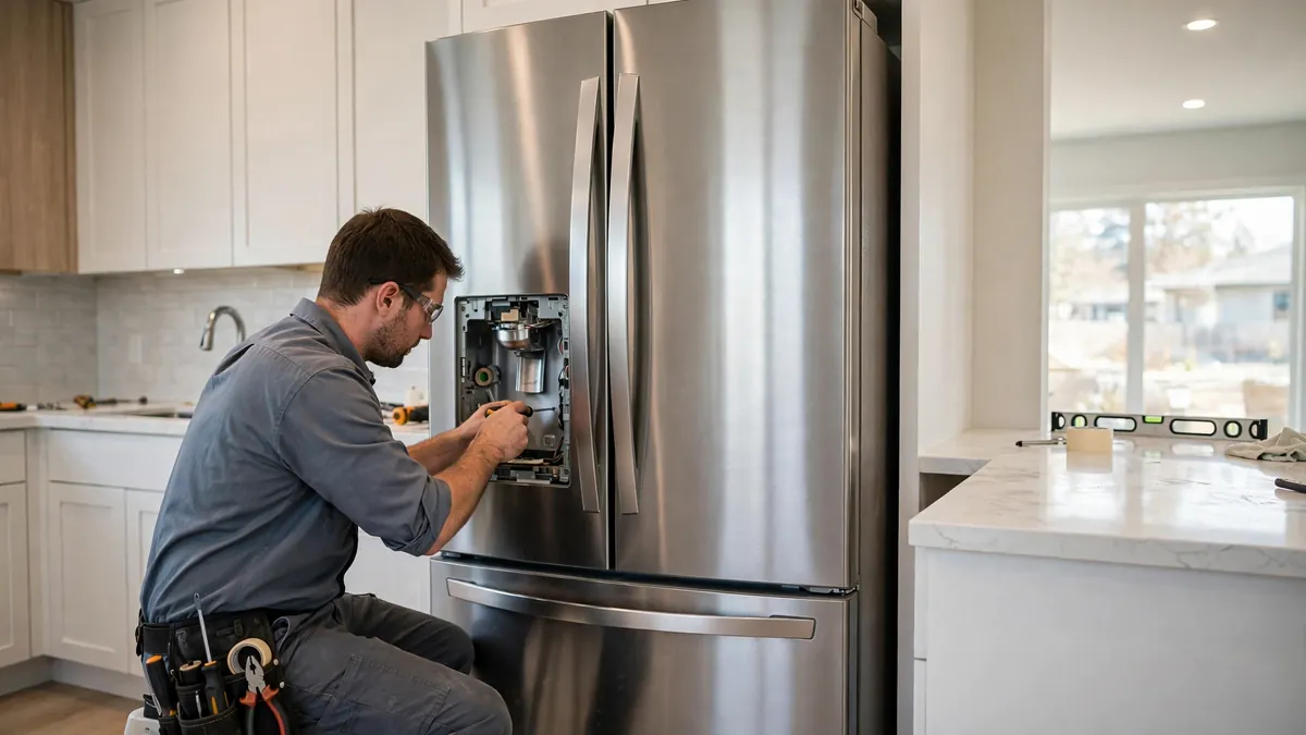 Technician repairing a French-door refrigerator in a new-build Dallas home kitchen