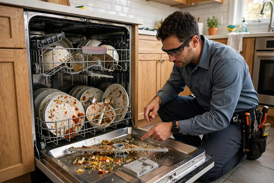 Dishwasher Not Cleaning Dishes: clogged dishwasher filter and spray arm that leave dishes dirty