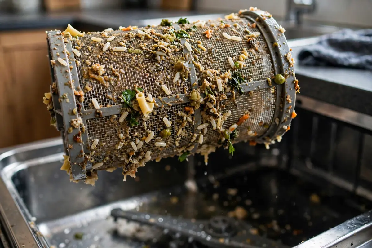 Clogged dishwasher filter covered in food debris, the top cause of a dishwasher not draining