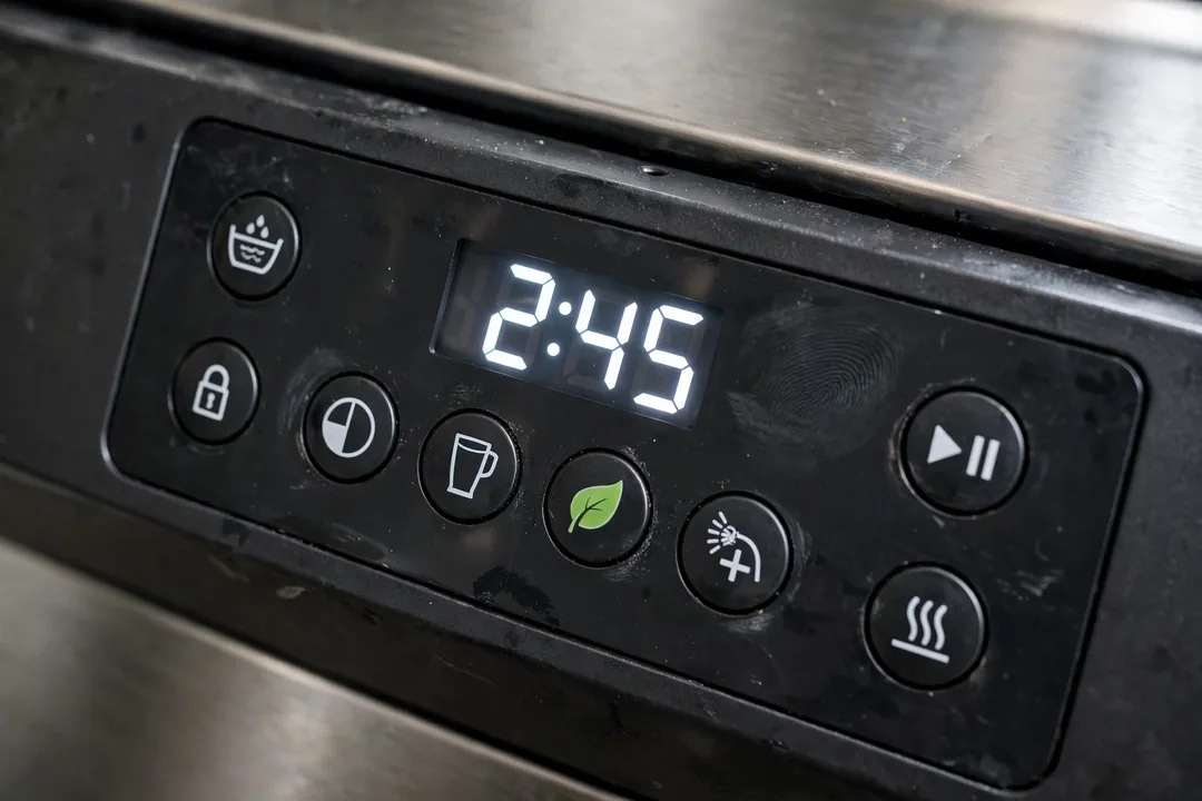 Dishwasher Takes Too Long: dishwasher control panel showing a long cycle time on the display