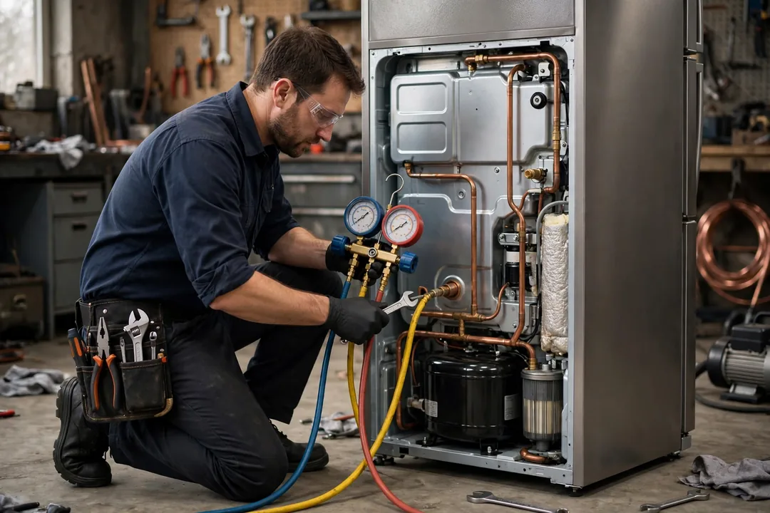 Do Refrigerators Use Freon: technician with gauges servicing a refrigerator sealed system compressor at the back of a fridge
