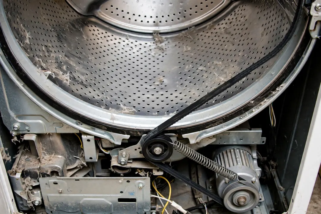 Technician routing a new belt during dryer drive belt replacement with the drum exposed