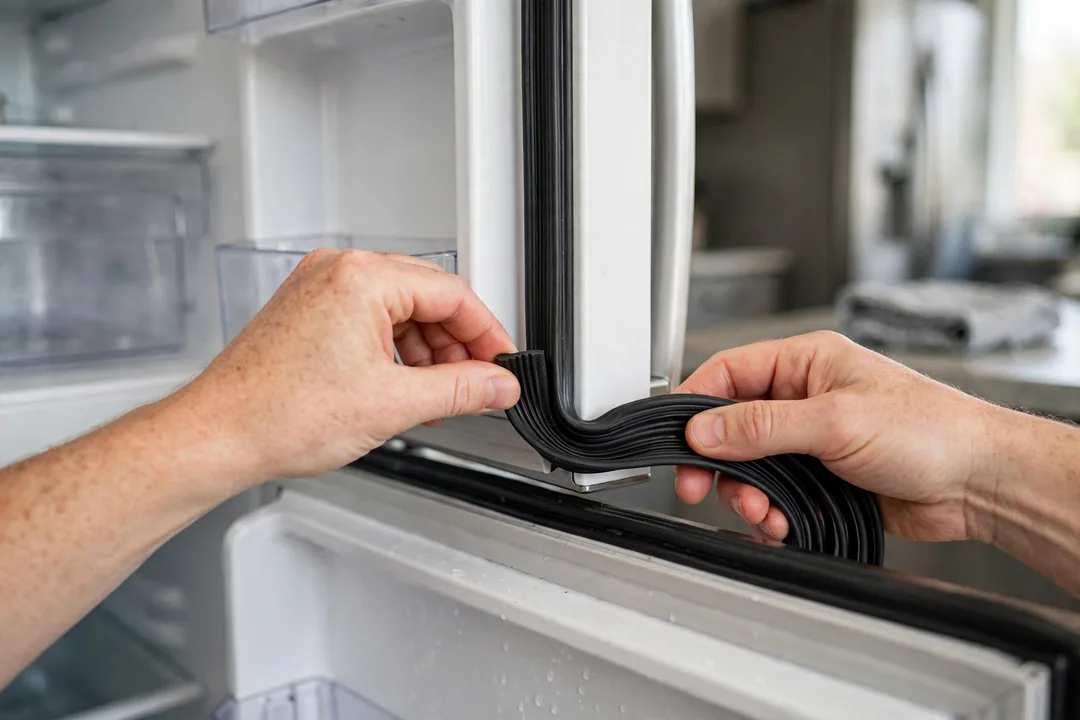 Technician performing a fridge door gasket replacement on an open refrigerator door