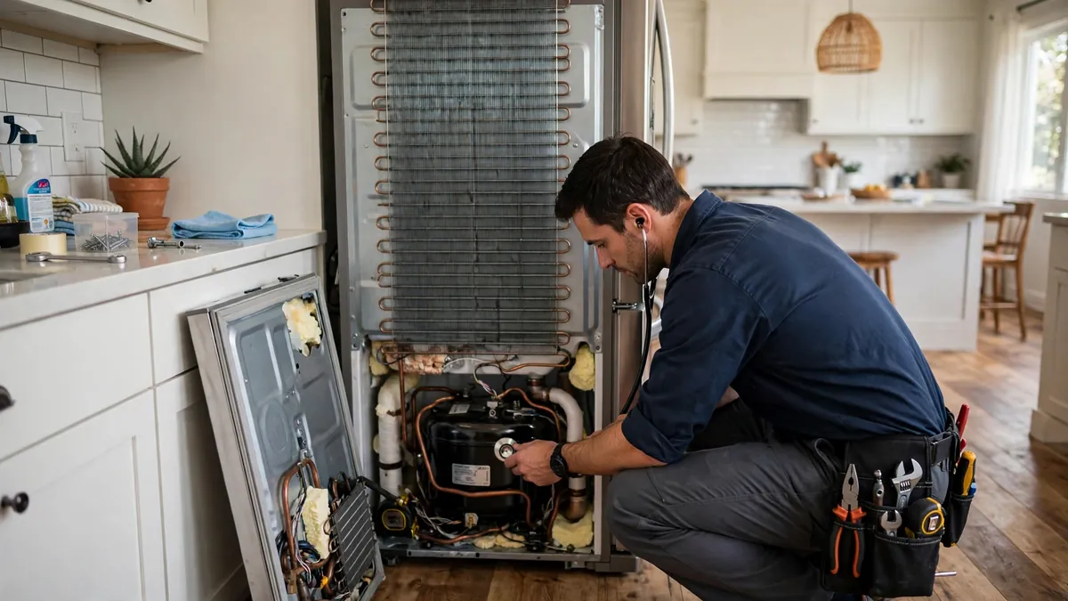 Technician using a stethoscope to diagnose a noisy refrigerator compressor