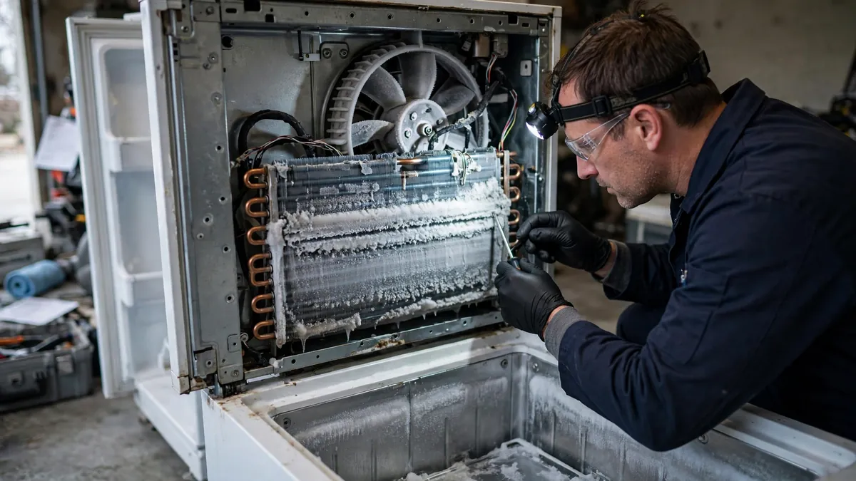 Technician inspecting a refrigerator evaporator fan motor behind the freezer back panel