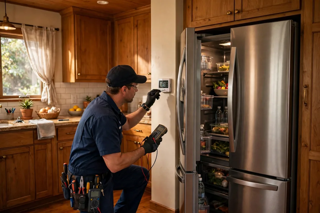 Why Does My Fridge Run Constantly: refrigerator running in a kitchen with a technician checking the condenser coils underneath