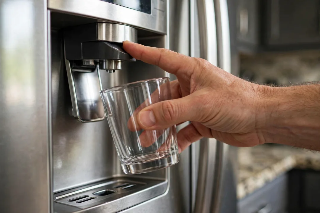 Fridge Water Dispenser Not Working: hand pressing the water dispenser paddle on a refrigerator door with no water flowing into a glass