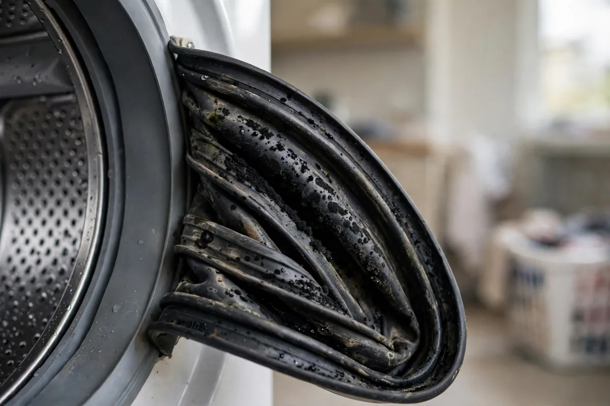 Black mold buildup in the folds of a front load washer door gasket causing washer odor