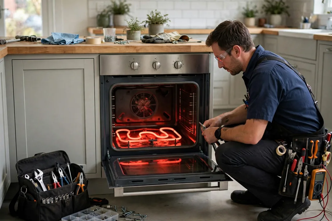 Ge Oven Repair: technician testing a GE oven bake element with a multimeter