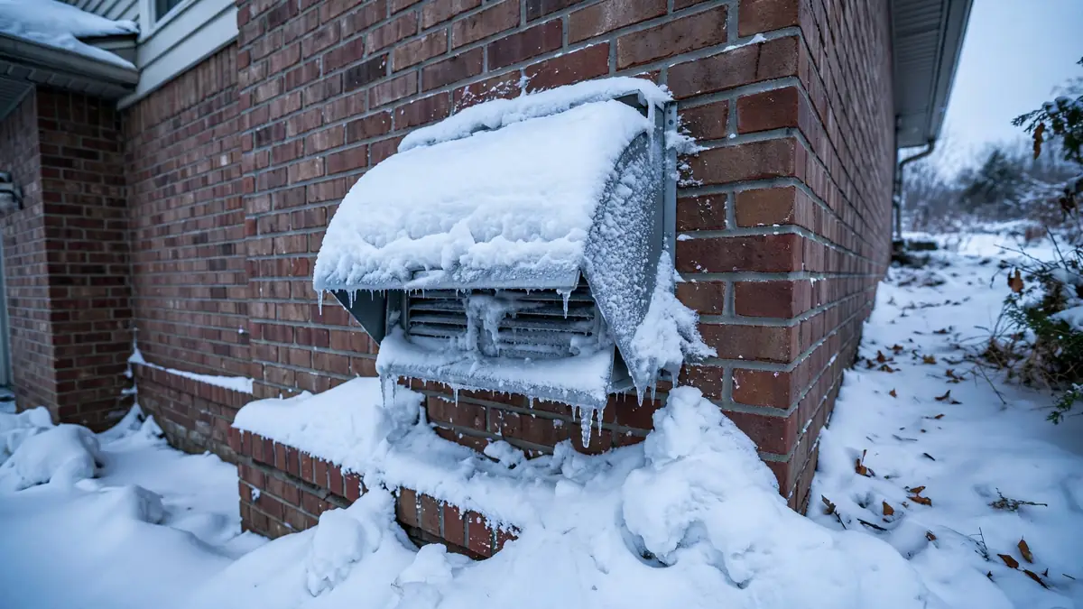 Snow-covered dryer vent hood on a Grand Rapids home in winter