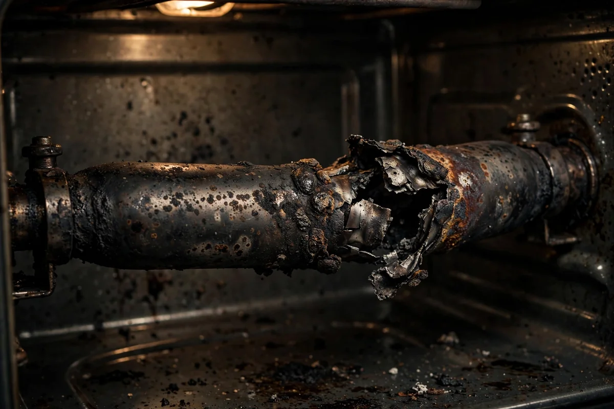 Burnt-out oven bake element before replacement