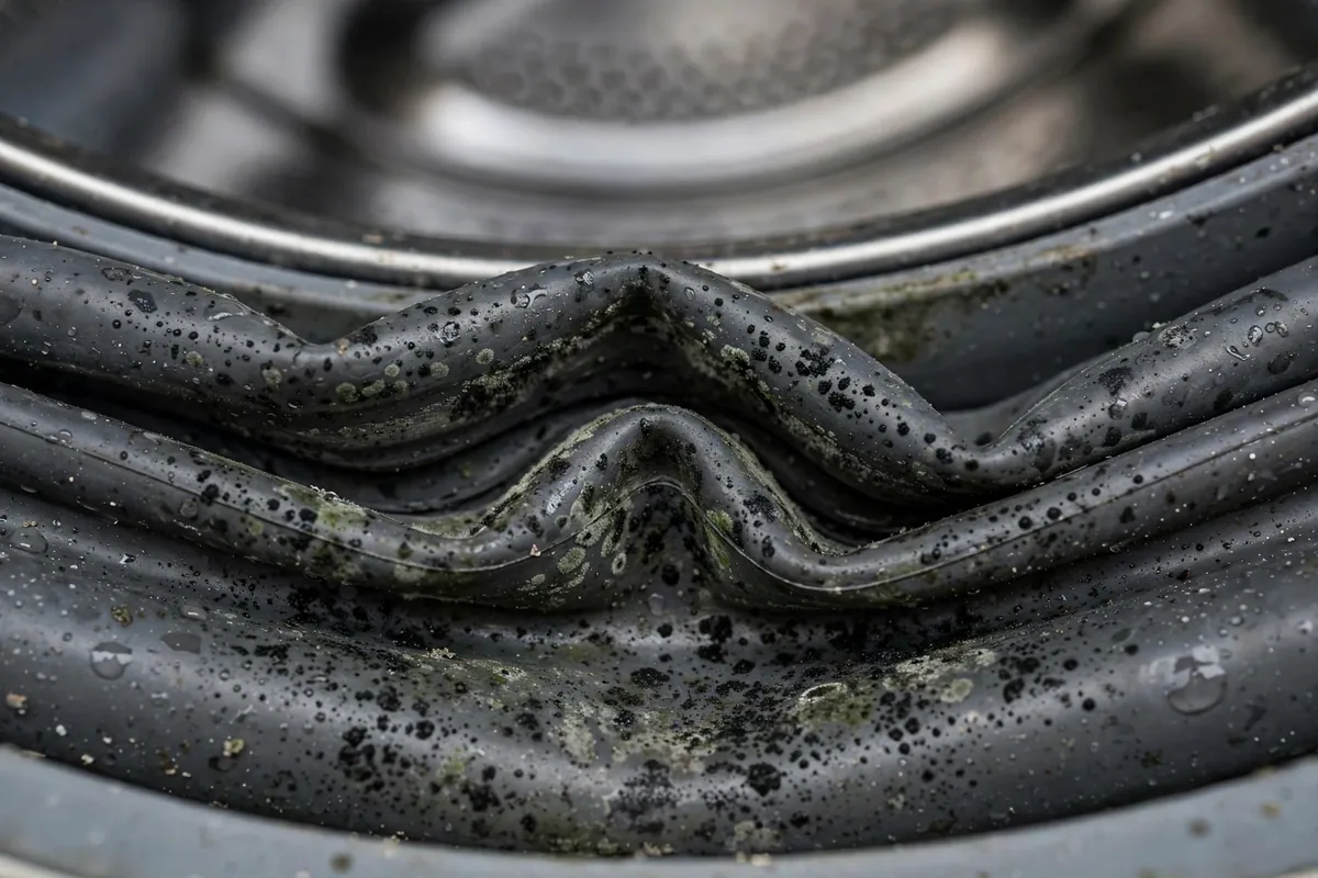 Front-load washer door gasket with mold buildup before cleaning