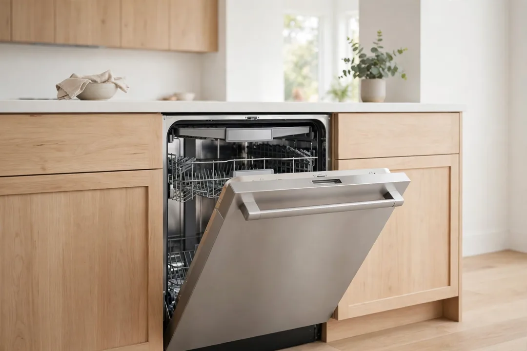 Open dishwasher showing age and wear, the question of how long do dishwashers last