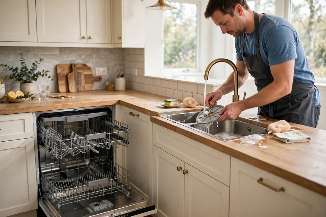 How To Clean A Dishwasher: person removing and rinsing a dishwasher filter under a kitchen faucet