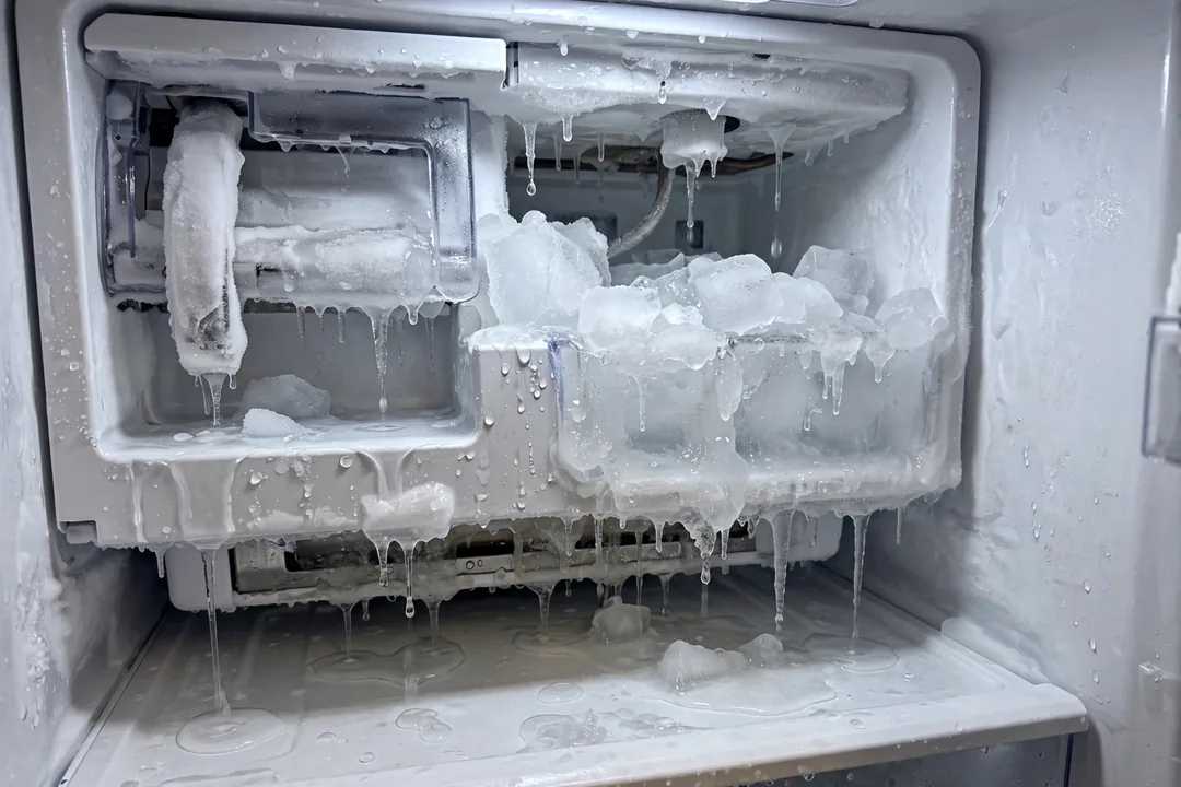 How To Defrost Samsung Ice Maker: samsung French-door refrigerator with the ice maker compartment open showing ice buildup