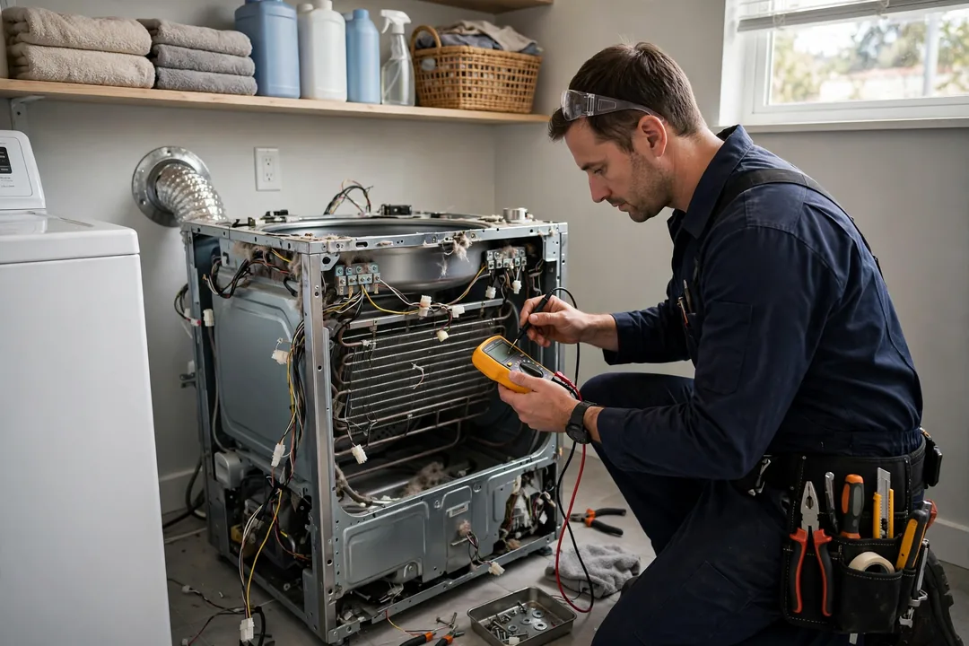 Technician testing dryer parts with a multimeter while learning how to fix a dryer