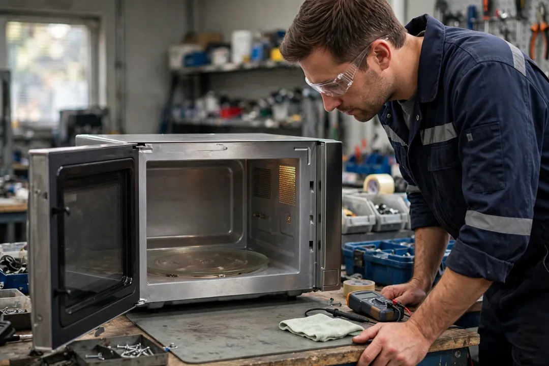How To Fix A Microwave: technician inspecting a microwave control panel and door switches