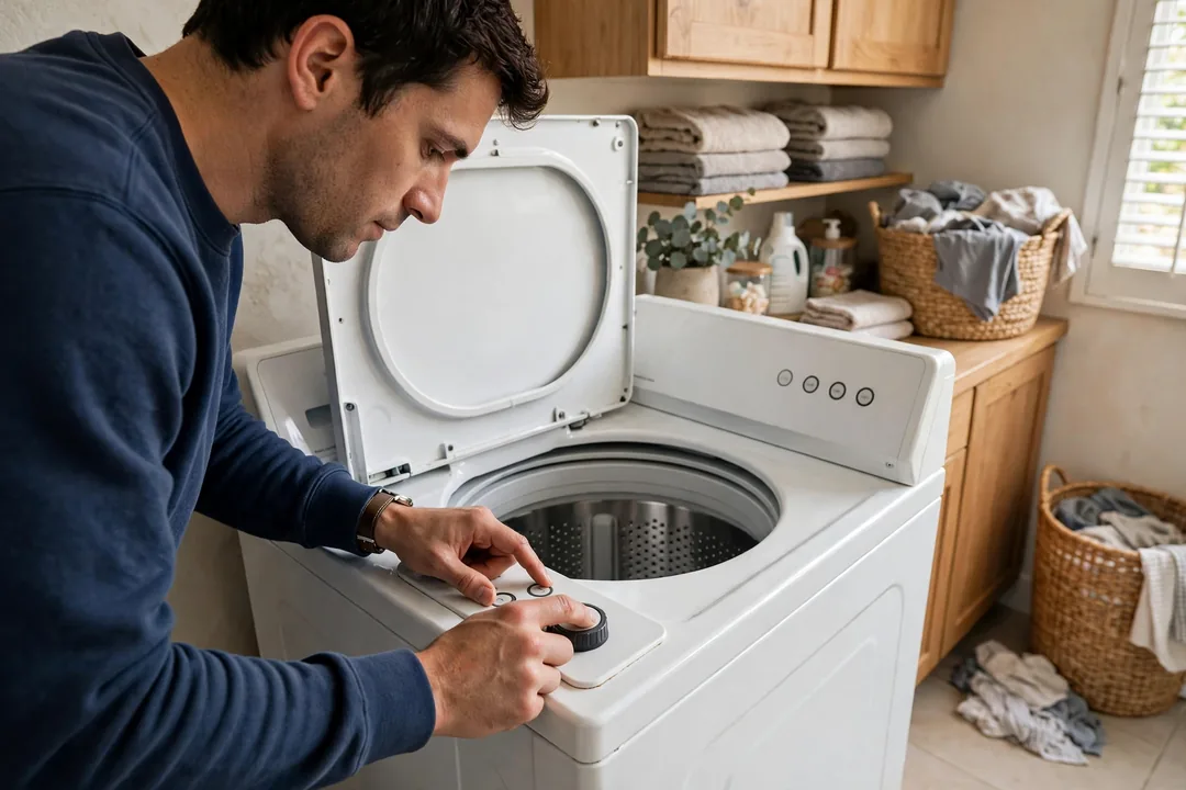 How To Reset A Whirlpool Washer: hand pressing the control panel buttons on a Whirlpool top load washer to reset it