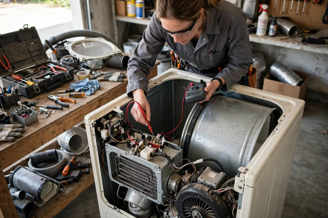 Technician performing Kenmore dryer troubleshooting with the dryer back panel removed