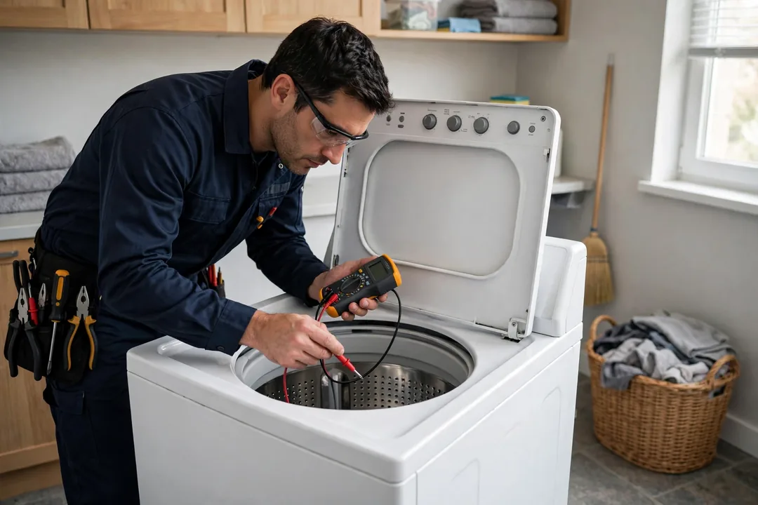 Technician doing Kenmore washer troubleshooting on a top-load washing machine