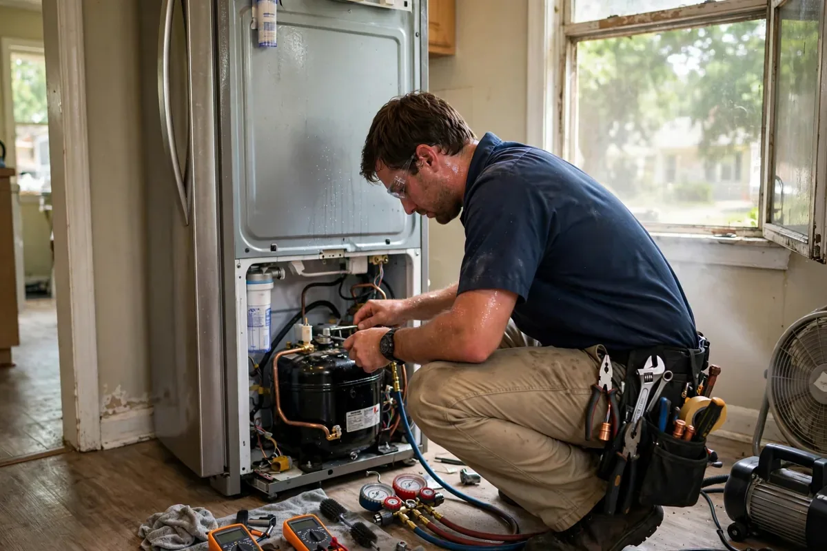 Technician servicing a refrigerator compressor in a Memphis home during a hot humid summer