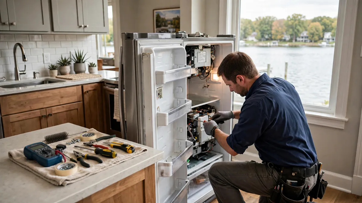 Technician repairing a refrigerator in a Muskego lake home with Little Muskego Lake visible outside