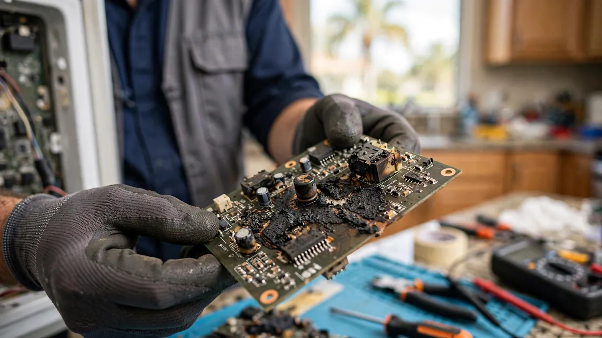 Technician inspecting a refrigerator control board damaged by a power surge in an Orlando home