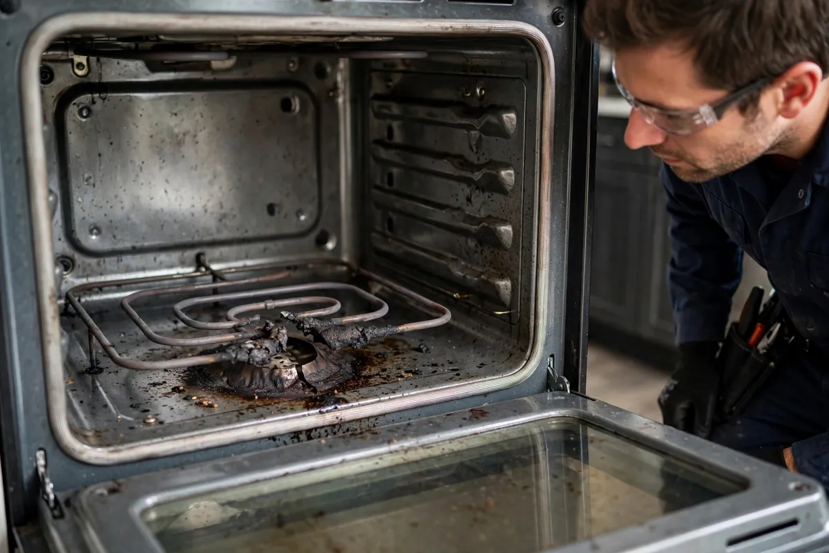 Broken electric oven bake element with a visible burn spot, a common reason an oven will not heat