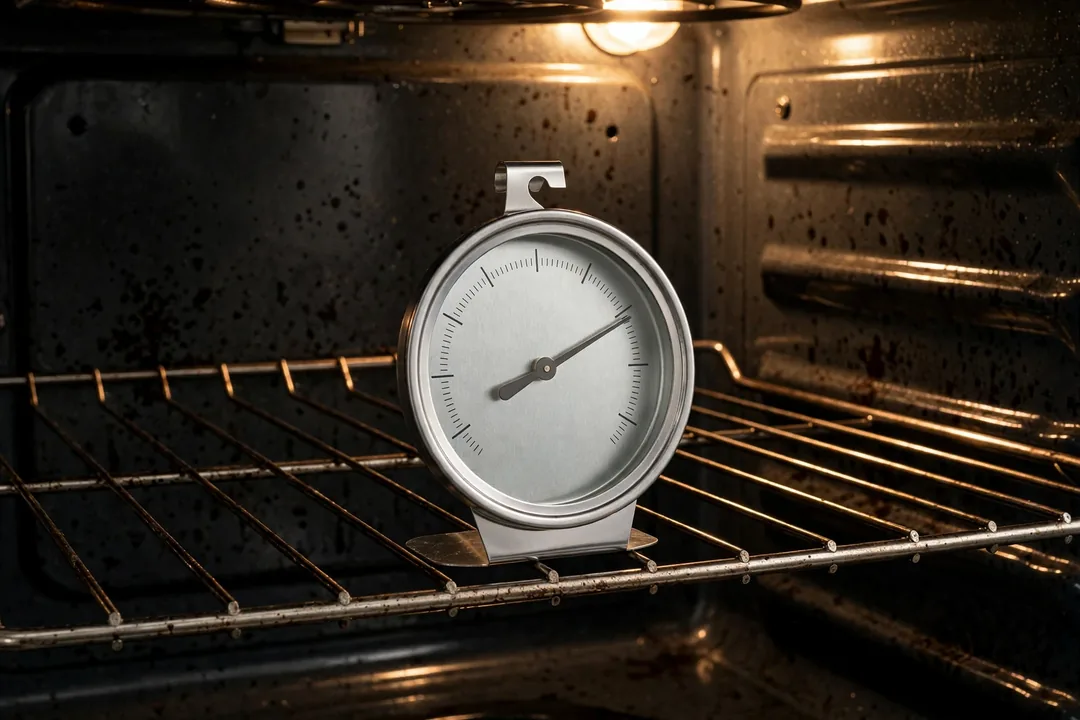 Oven Temperature Calibration: oven thermometer inside an oven showing the temperature reading