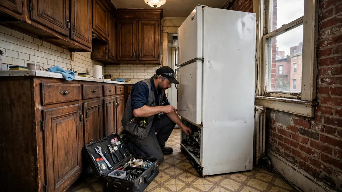 Technician repairing a refrigerator in a Pittsburgh steel-era rowhouse kitchen with toolbox open