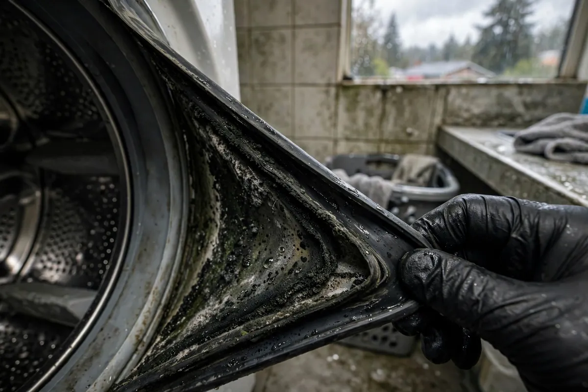 Close-up of mold buildup in a front-load washer door gasket in a damp Portland home