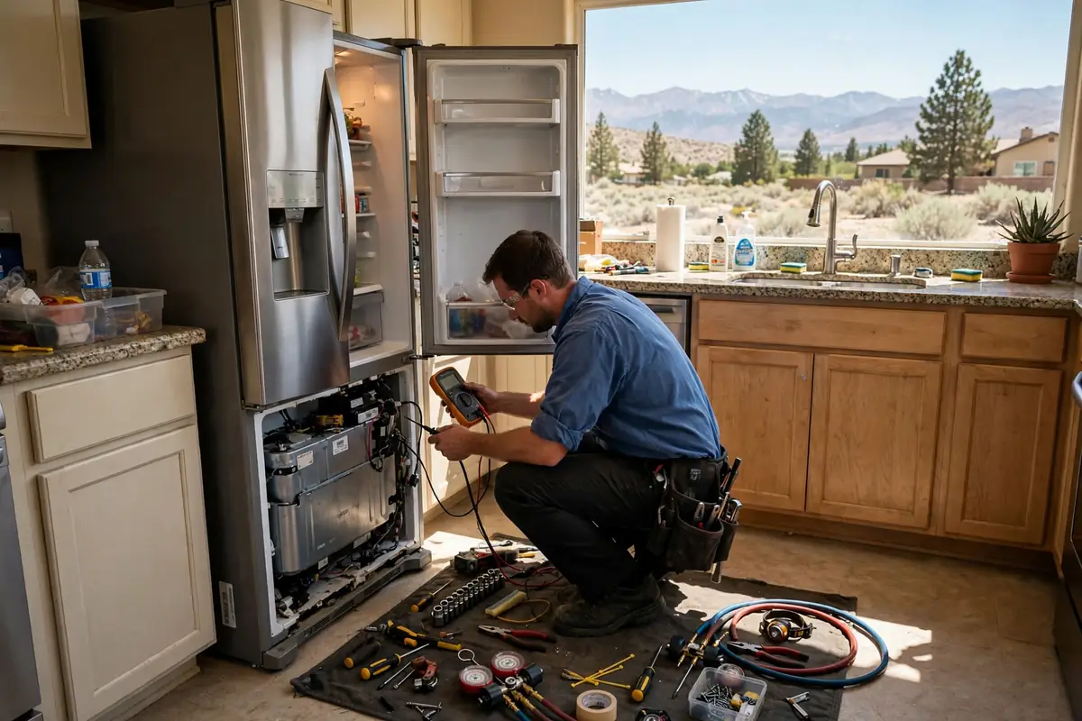 Technician servicing a refrigerator in a Reno home during summer heat