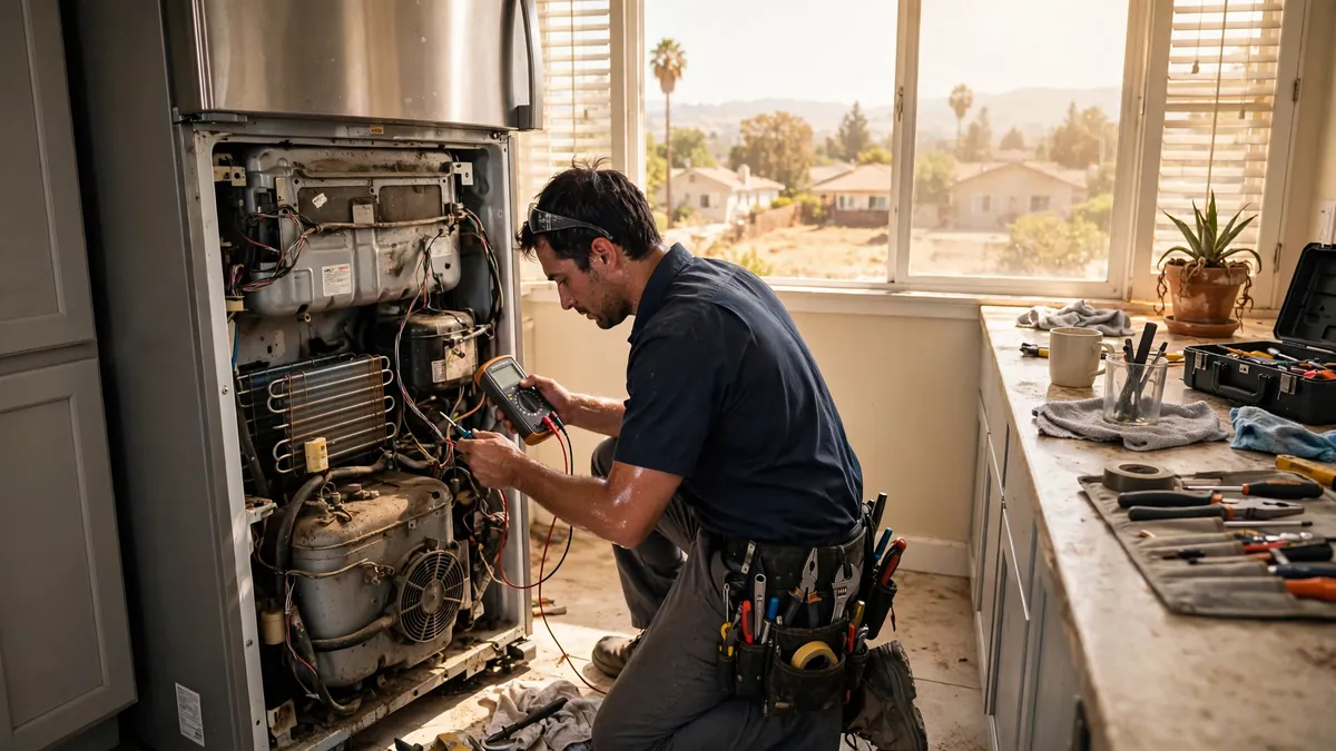 Technician servicing a refrigerator struggling in Sacramento summer heat