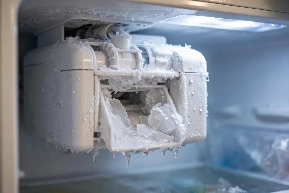 Close-up of Samsung French door ice maker assembly with frost buildup on the housing