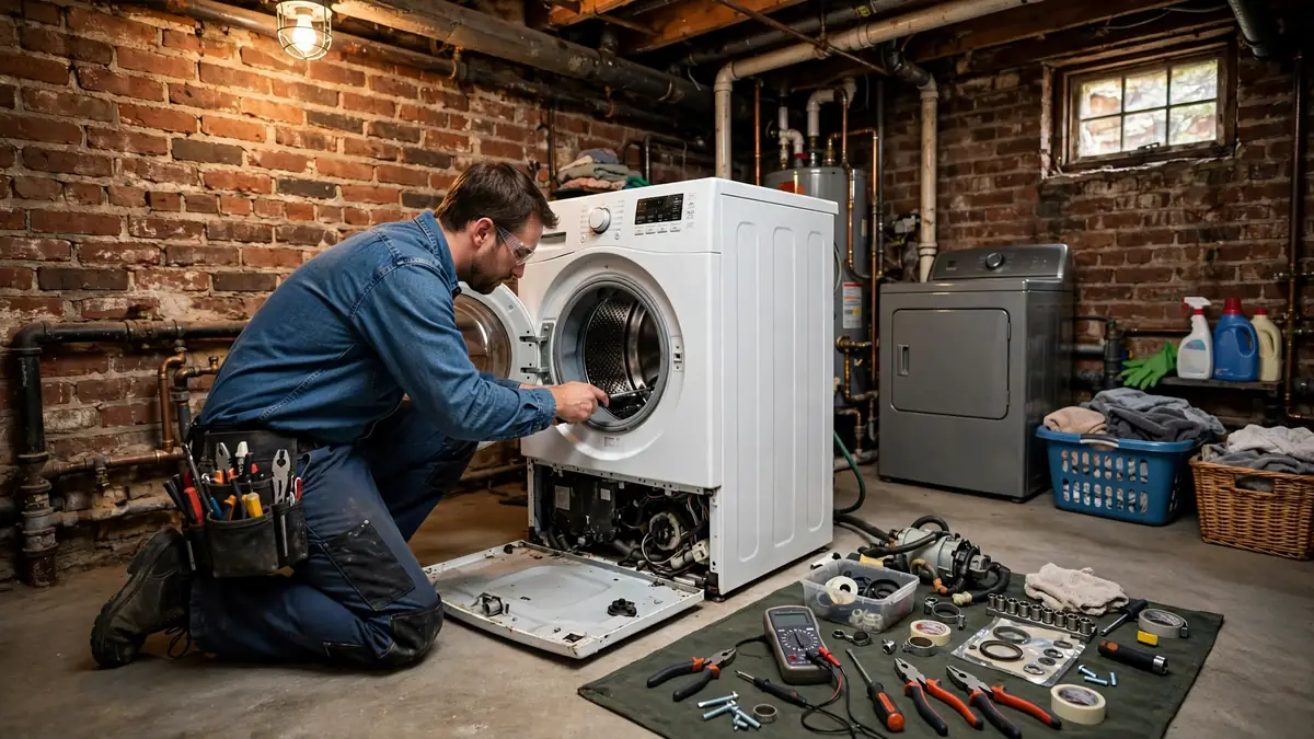 Technician repairing a washer in a tight basement laundry room of a St. Louis brick home