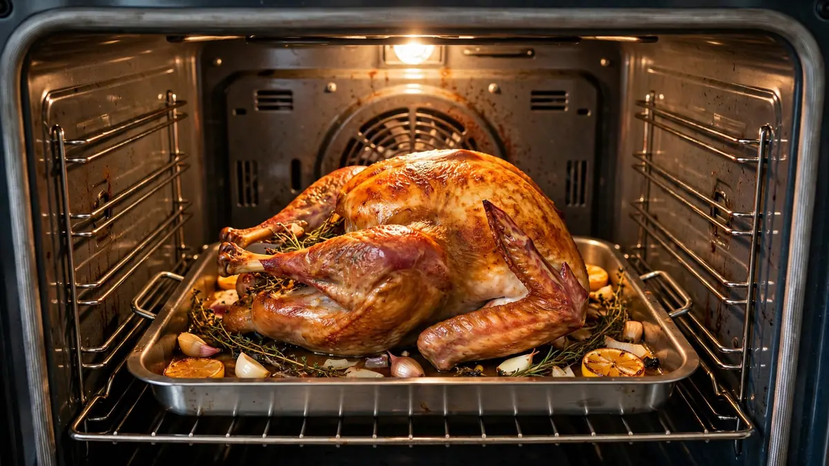 Roasted Thanksgiving turkey cooking in a home oven that must heat reliably for the holiday