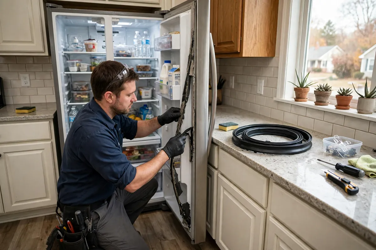 Technician replacing a refrigerator door seal worn by Maumee River humidity in Toledo