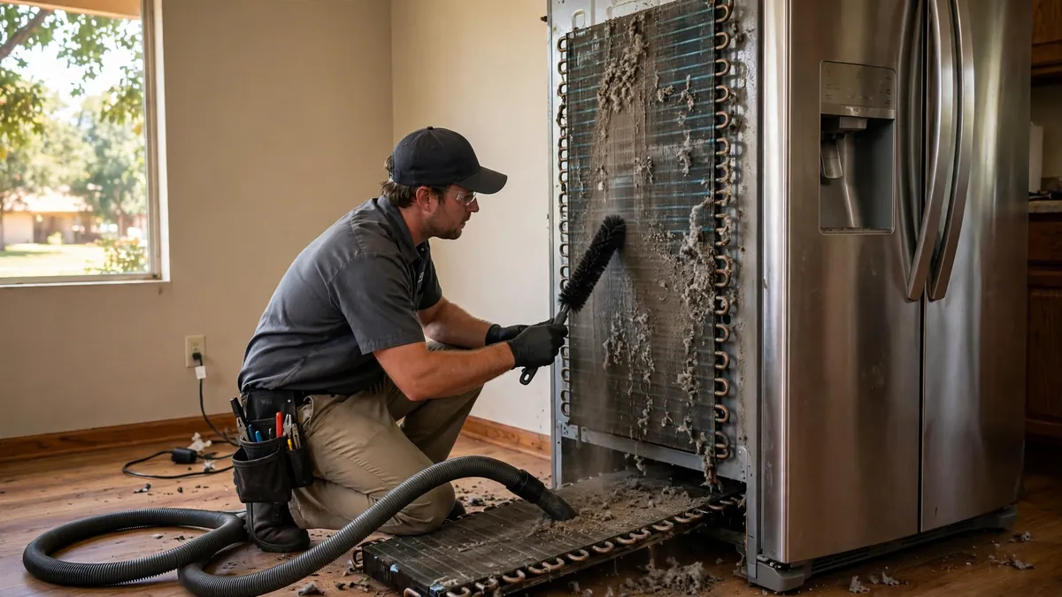 Technician cleaning dust-caked refrigerator condenser coils in a Tulsa home during summer