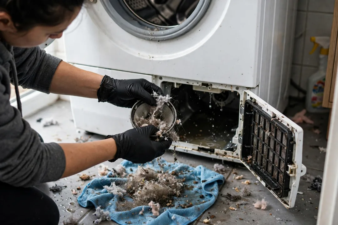 Washing Machine Smells Like Eggs: open washing machine pump filter being cleaned to fix a washing machine that smells like eggs