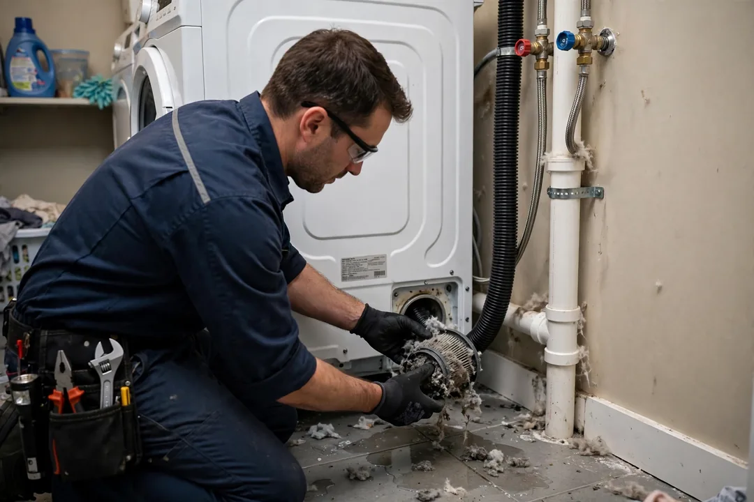 Washing Machine Drain Clogged: clogged washing machine drain hose pulled from a standpipe with lint buildup blocking water flow